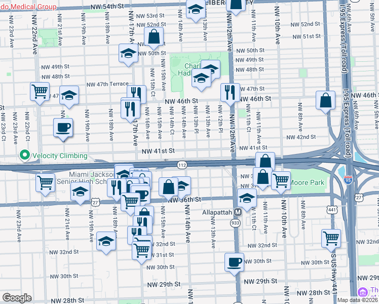map of restaurants, bars, coffee shops, grocery stores, and more near 4100 Northwest 14th Avenue in Miami