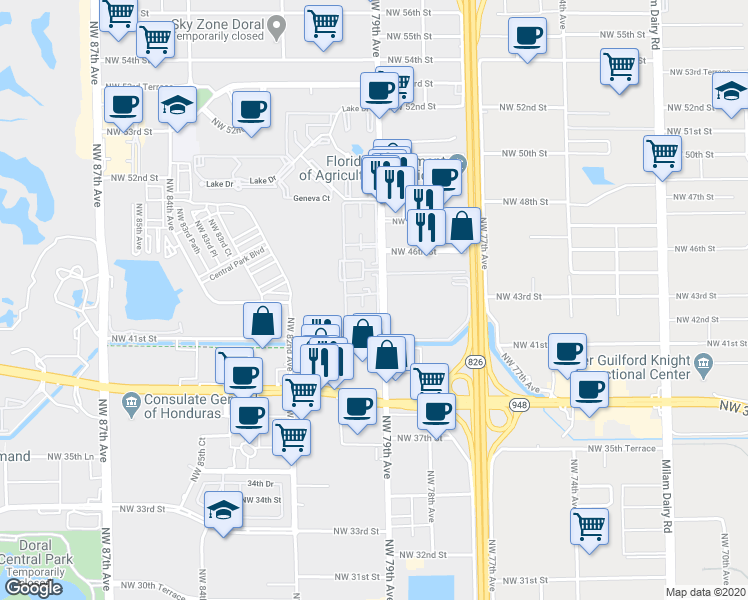 map of restaurants, bars, coffee shops, grocery stores, and more near 4350 Northwest 79th Avenue in Doral