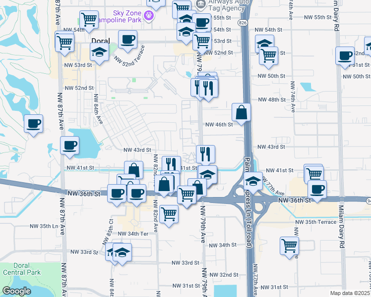 map of restaurants, bars, coffee shops, grocery stores, and more near 4350 Northwest 79th Avenue in Doral