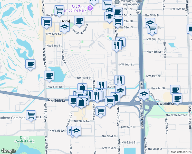 map of restaurants, bars, coffee shops, grocery stores, and more near 8219 Northwest 43rd Terrace in Doral