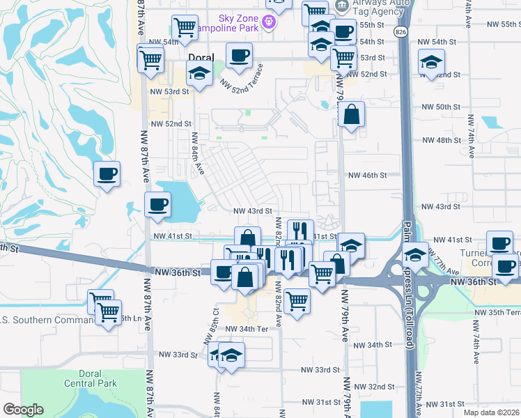 map of restaurants, bars, coffee shops, grocery stores, and more near 7901 Northwest 41st Street in Doral
