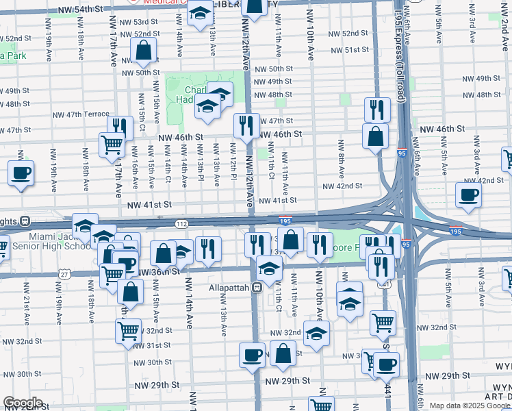 map of restaurants, bars, coffee shops, grocery stores, and more near 1192 Northwest 41st Street in Miami