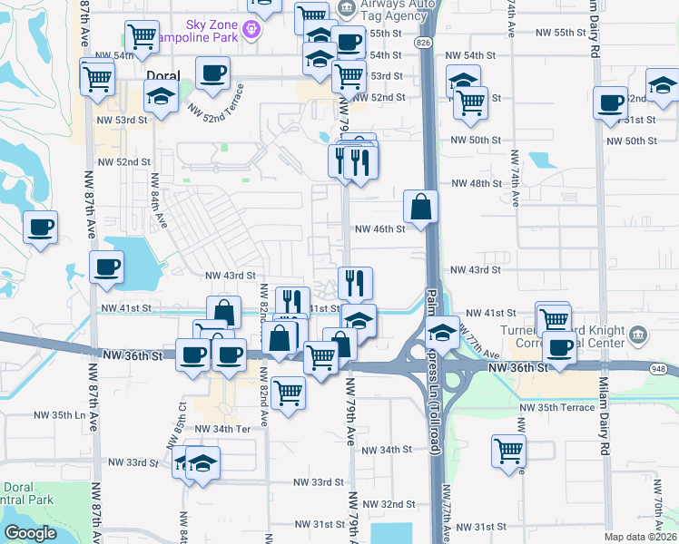 map of restaurants, bars, coffee shops, grocery stores, and more near 4350 Northwest 79th Avenue in Doral