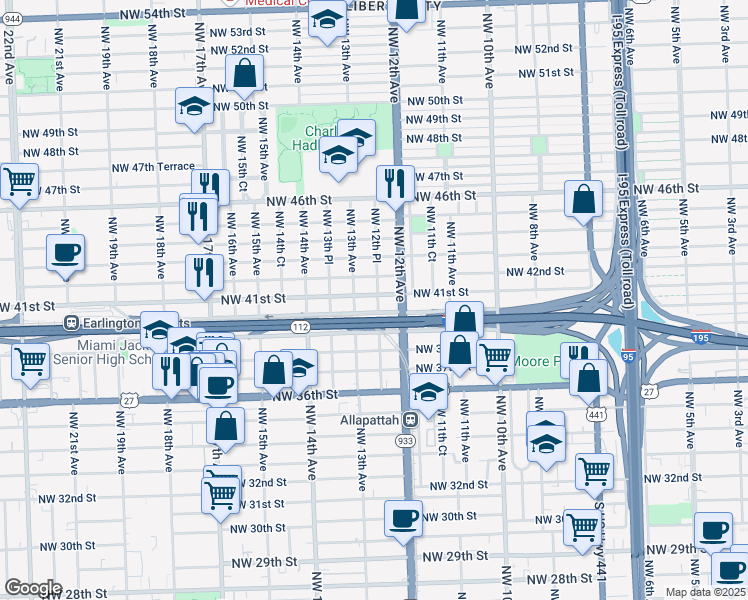 map of restaurants, bars, coffee shops, grocery stores, and more near 1250 Northwest 41st Street in Miami