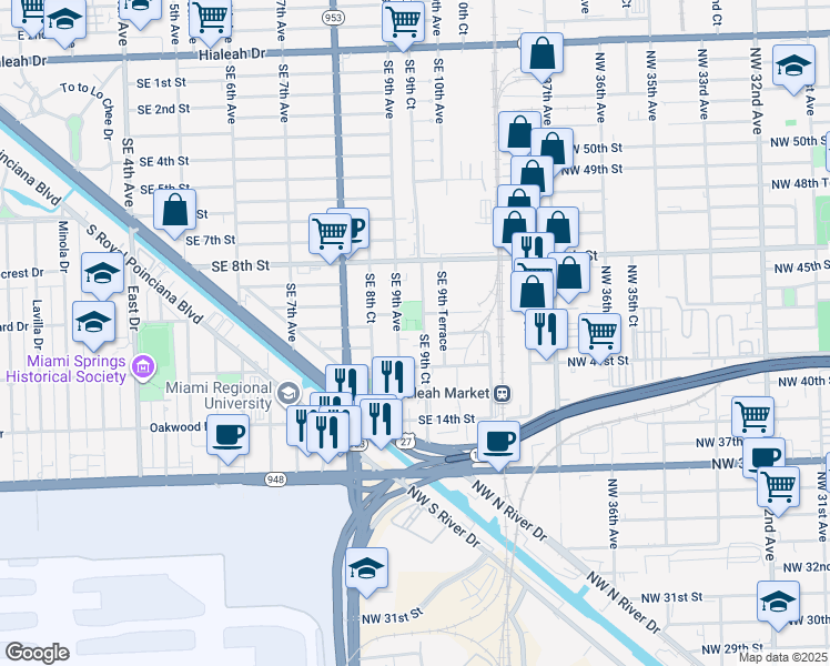 map of restaurants, bars, coffee shops, grocery stores, and more near 1050 Southeast 9th Court in Hialeah