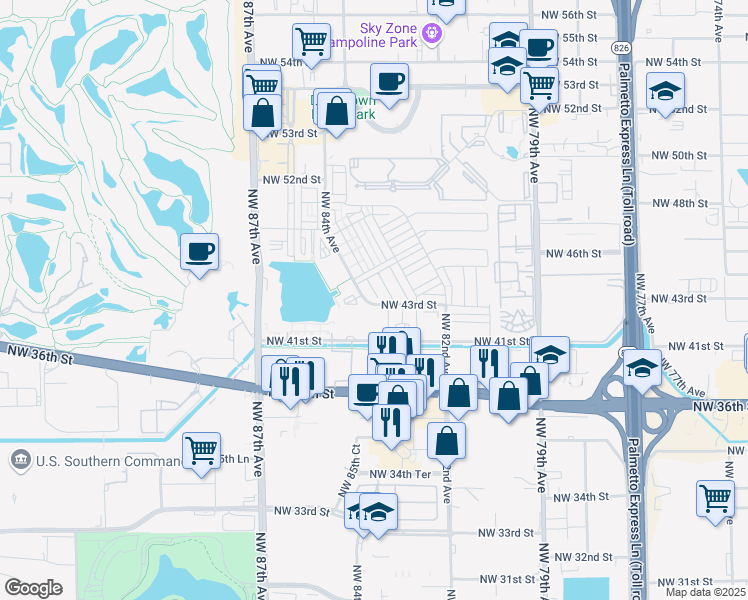 map of restaurants, bars, coffee shops, grocery stores, and more near 8381 Northwest 43rd Street in Doral