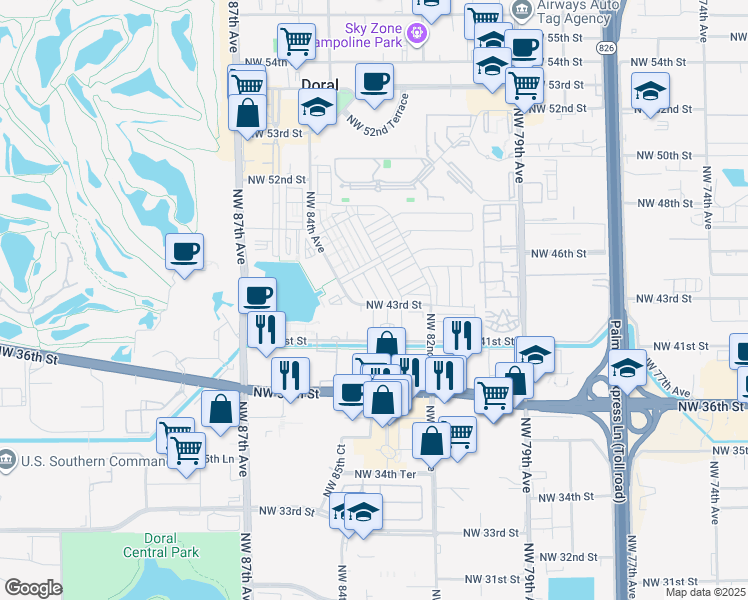 map of restaurants, bars, coffee shops, grocery stores, and more near 8381 Northwest 43rd Street in Doral