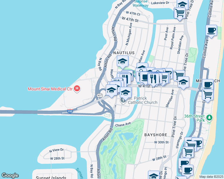 map of restaurants, bars, coffee shops, grocery stores, and more near 39 Southwest Michigan Avenue in Miami Beach