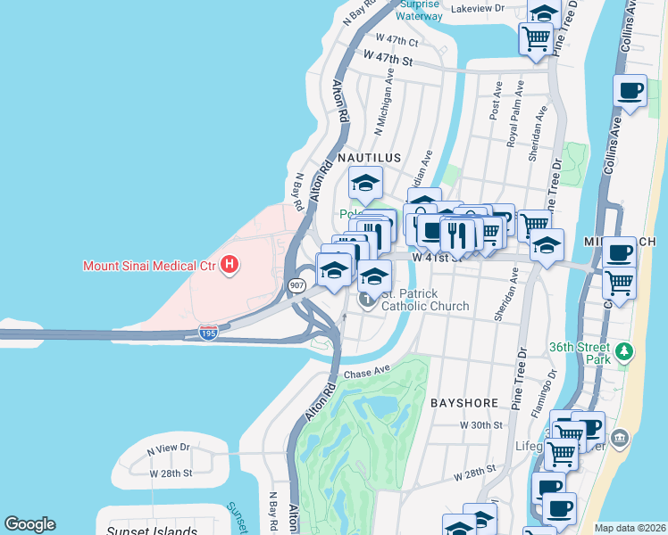 map of restaurants, bars, coffee shops, grocery stores, and more near 39 Southwest Michigan Avenue in Miami Beach
