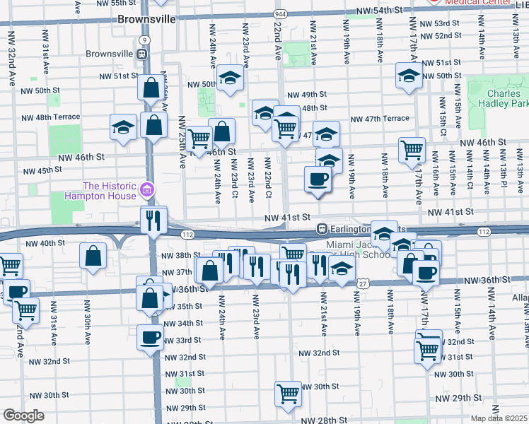 map of restaurants, bars, coffee shops, grocery stores, and more near 2251 Northwest 41st Street in Miami
