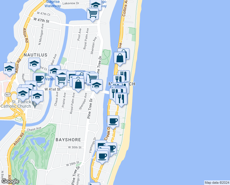 map of restaurants, bars, coffee shops, grocery stores, and more near in Miami Beach
