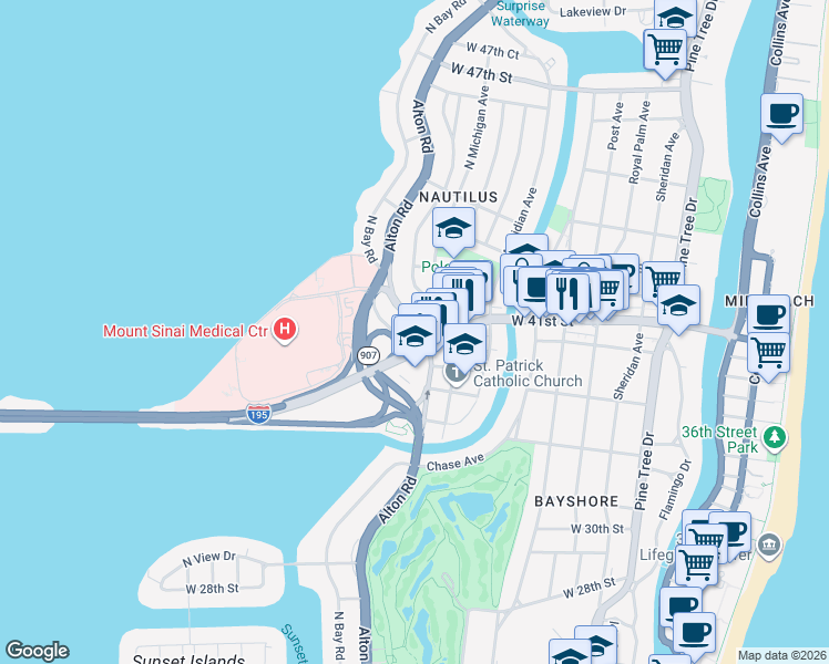 map of restaurants, bars, coffee shops, grocery stores, and more near 39 Southwest Michigan Avenue in Miami Beach