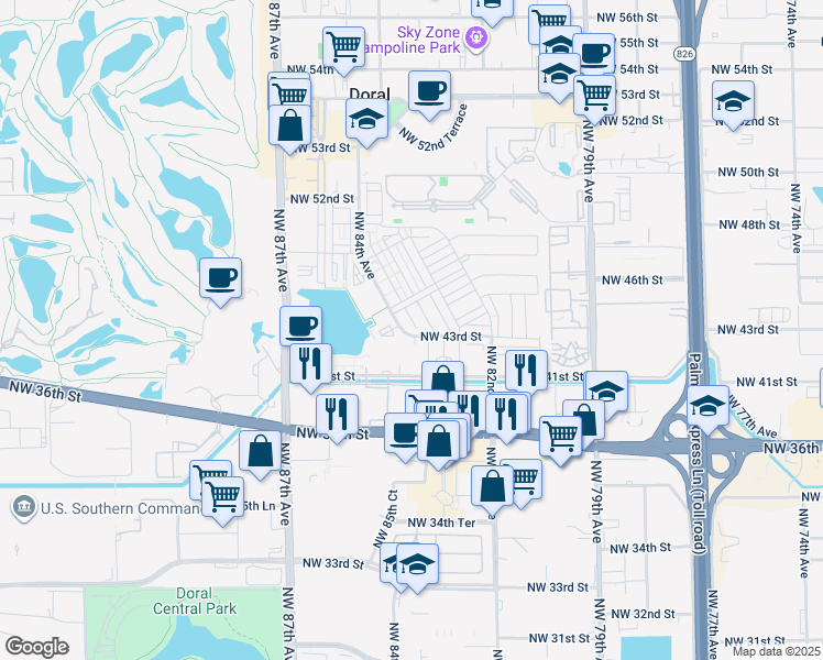map of restaurants, bars, coffee shops, grocery stores, and more near 8381 Northwest 43rd Street in Doral