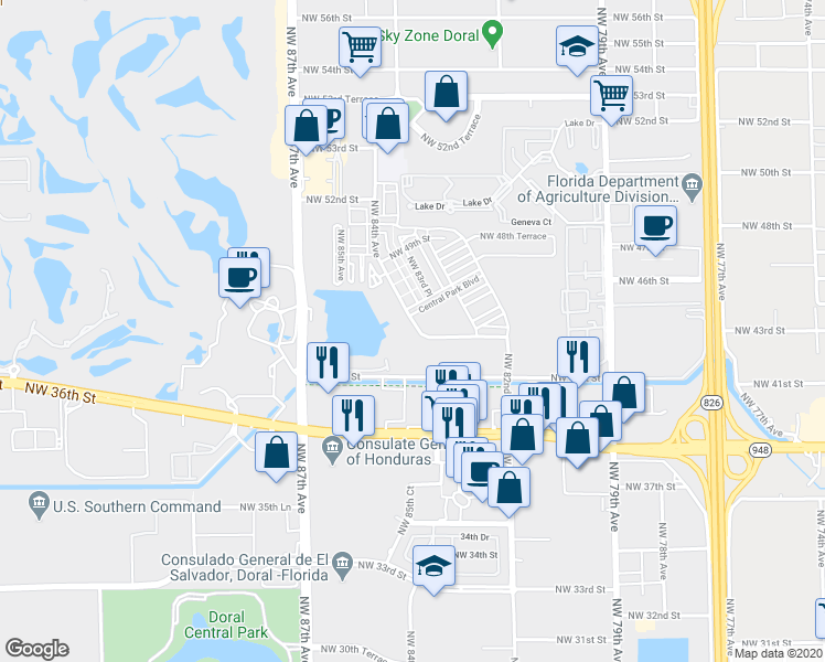 map of restaurants, bars, coffee shops, grocery stores, and more near 8381 Northwest 43rd Street in Doral