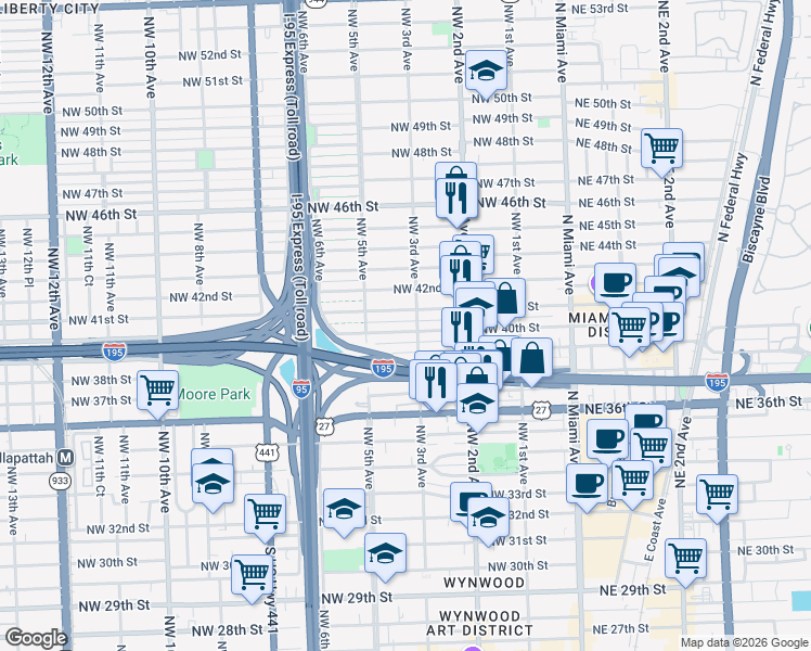 map of restaurants, bars, coffee shops, grocery stores, and more near 315 Northwest 40th Street in Miami