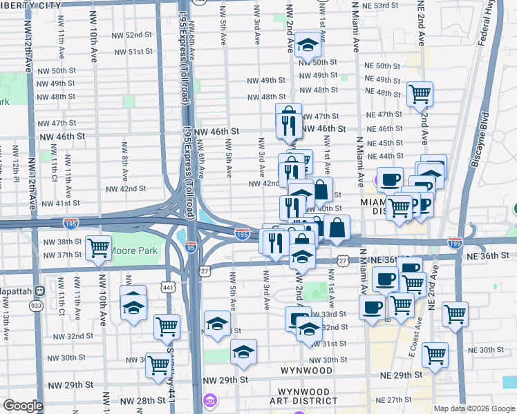 map of restaurants, bars, coffee shops, grocery stores, and more near 315 Northwest 40th Street in Miami