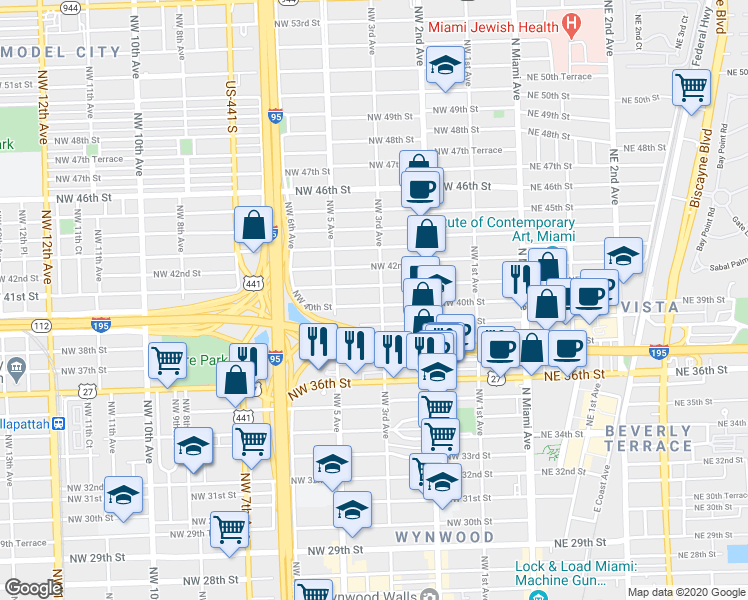 map of restaurants, bars, coffee shops, grocery stores, and more near 315 Northwest 40th Street in Miami