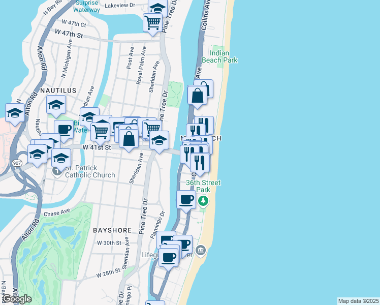 map of restaurants, bars, coffee shops, grocery stores, and more near in Miami Beach