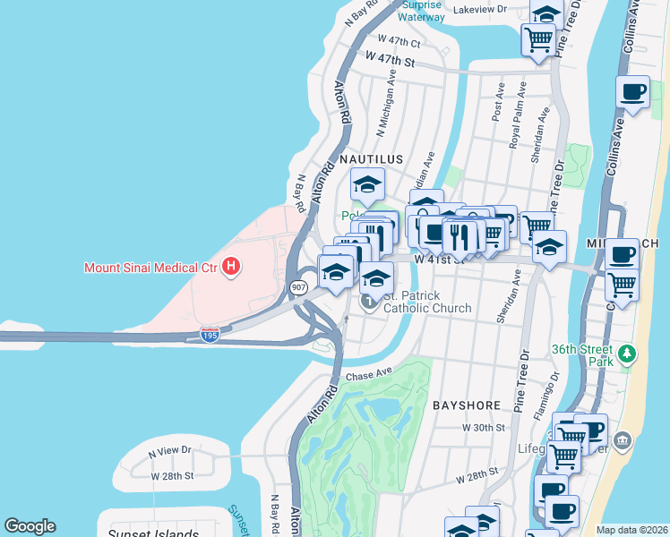 map of restaurants, bars, coffee shops, grocery stores, and more near 39 Southwest Michigan Avenue in Miami Beach