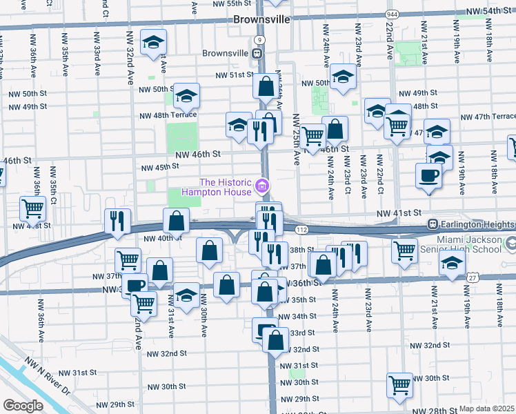 map of restaurants, bars, coffee shops, grocery stores, and more near 4196 Northwest 27th Avenue in Miami