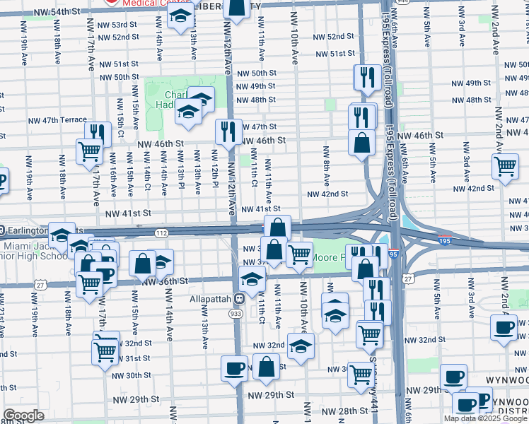 map of restaurants, bars, coffee shops, grocery stores, and more near 1100 Northwest 41st Street in Miami