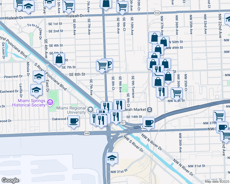 map of restaurants, bars, coffee shops, grocery stores, and more near 1035 Southeast 8th Court in Hialeah