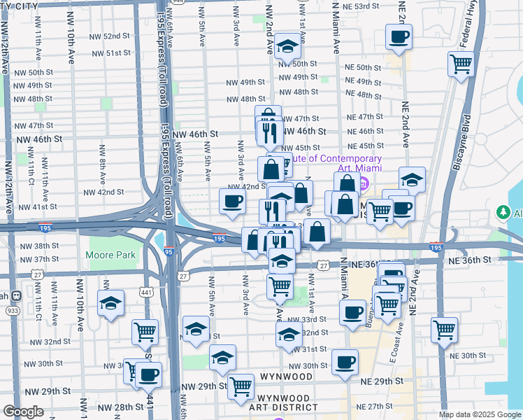 map of restaurants, bars, coffee shops, grocery stores, and more near 247 Northwest 40th Street in Miami