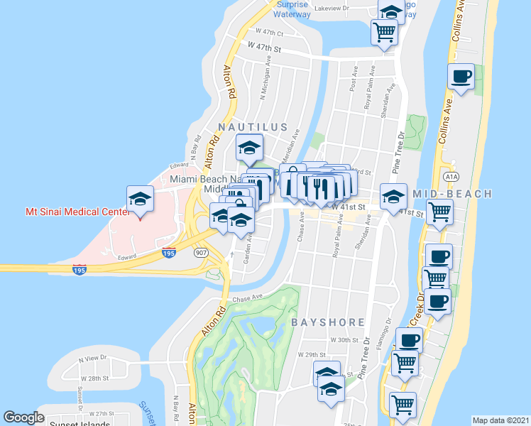 map of restaurants, bars, coffee shops, grocery stores, and more near 923 Florida 112 in Miami Beach