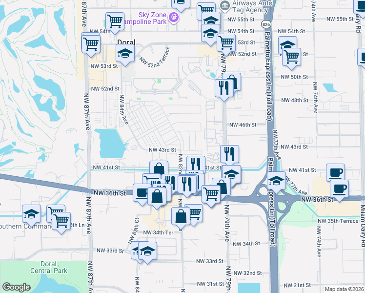 map of restaurants, bars, coffee shops, grocery stores, and more near 8219 Northwest 43rd Terrace in Doral