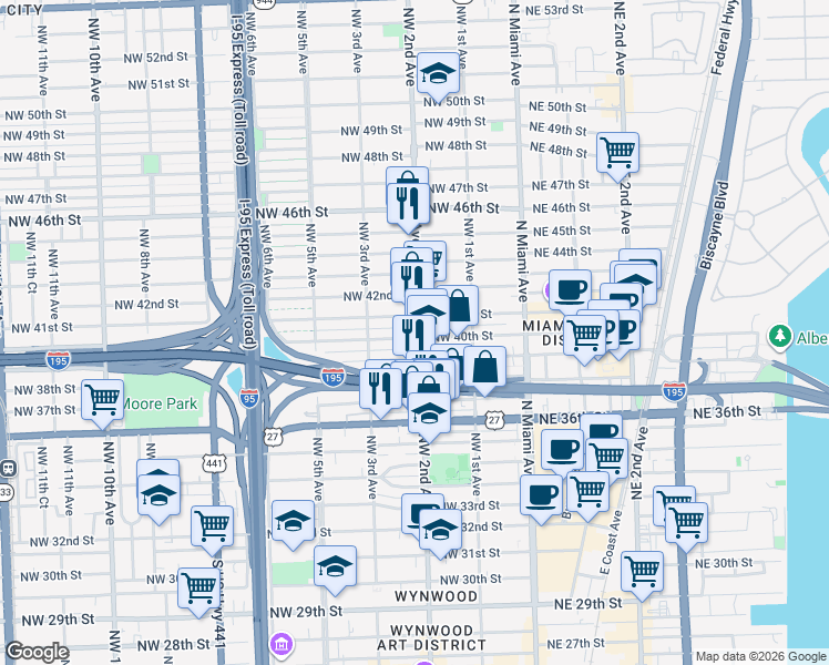 map of restaurants, bars, coffee shops, grocery stores, and more near 247 Northwest 40th Street in Miami