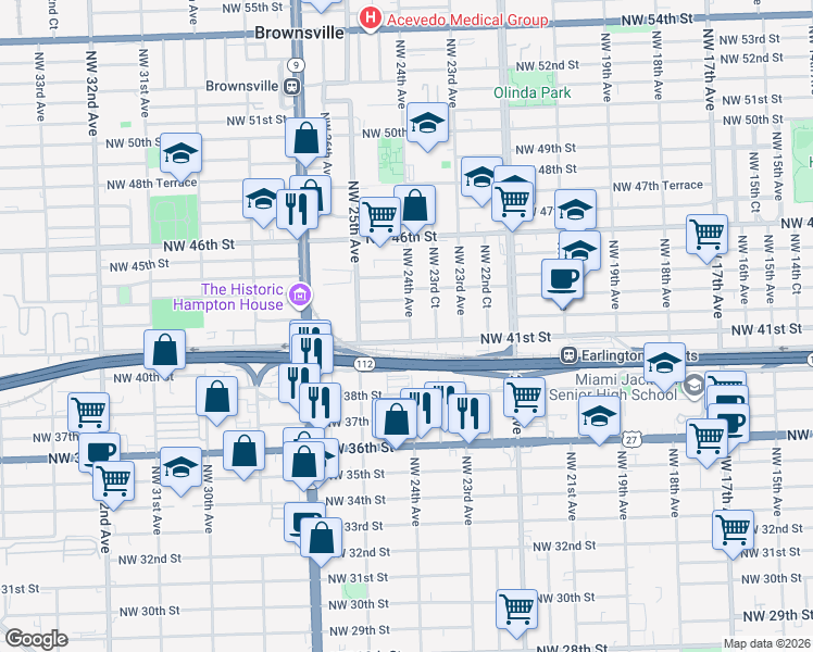 map of restaurants, bars, coffee shops, grocery stores, and more near 2402 Northwest 42nd Street in Miami