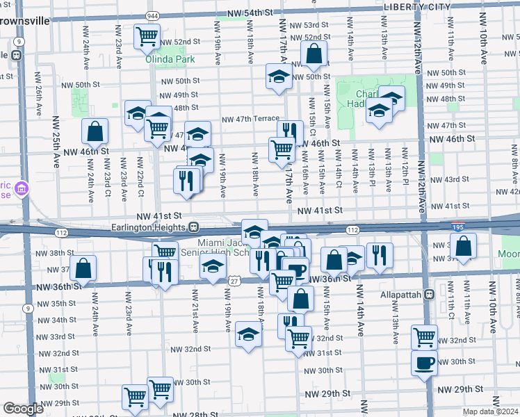 map of restaurants, bars, coffee shops, grocery stores, and more near 1795 Northwest 41st Street in Miami