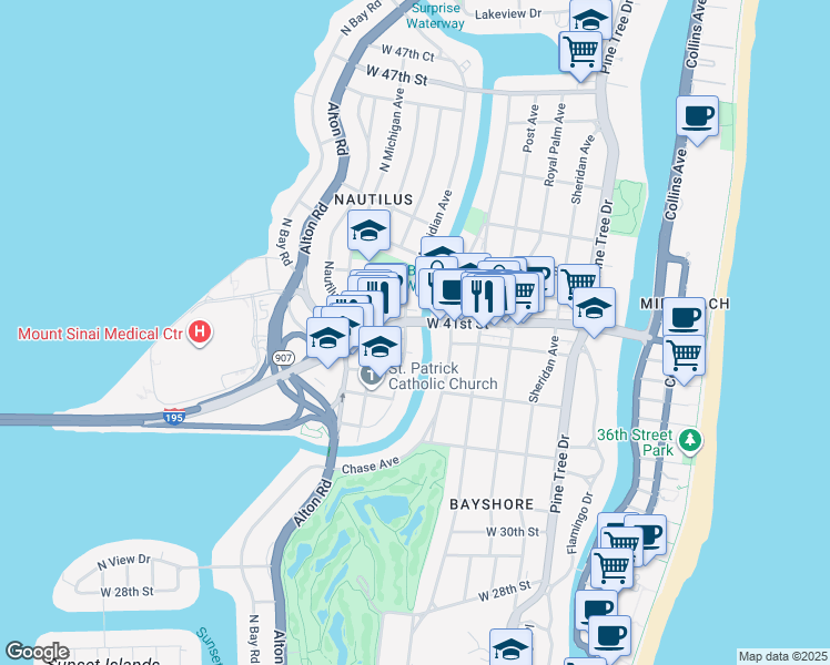 map of restaurants, bars, coffee shops, grocery stores, and more near 4035 Meridian Avenue in Miami Beach