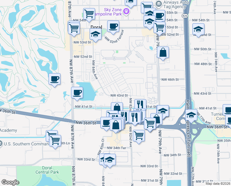 map of restaurants, bars, coffee shops, grocery stores, and more near 7901 Northwest 41st Street in Doral