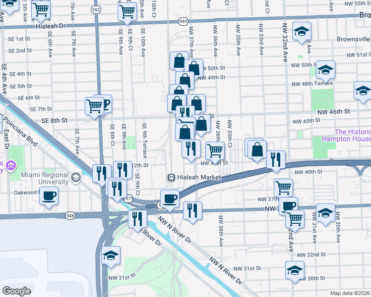map of restaurants, bars, coffee shops, grocery stores, and more near 4239 Northwest 37th Court in Miami