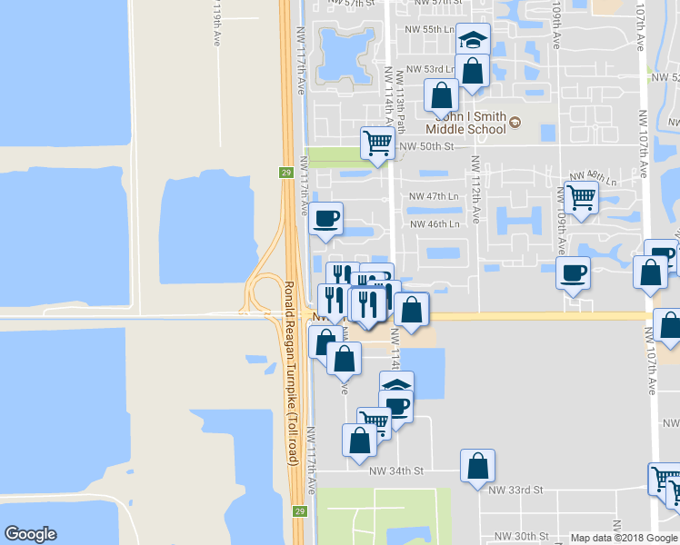 map of restaurants, bars, coffee shops, grocery stores, and more near 11532 Northwest 43rd Terrace in Doral