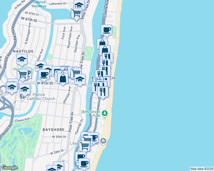 map of restaurants, bars, coffee shops, grocery stores, and more near in Miami Beach