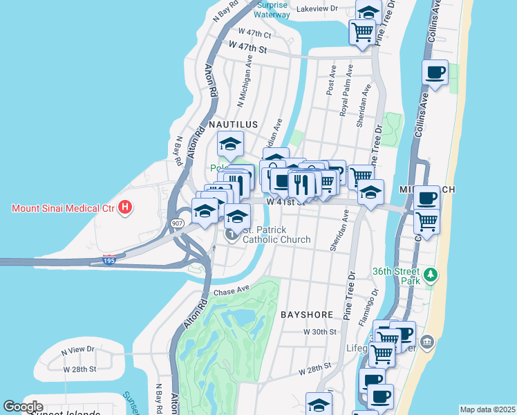 map of restaurants, bars, coffee shops, grocery stores, and more near 4035 Meridian Avenue in Miami Beach
