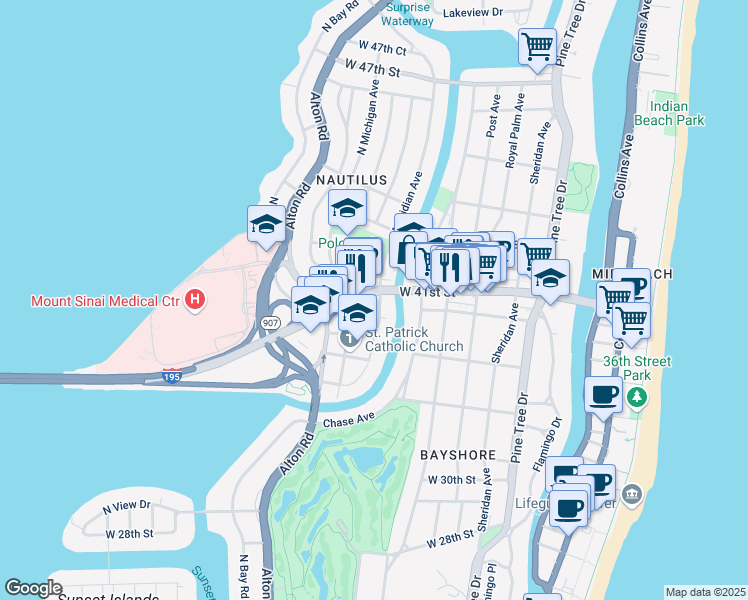 map of restaurants, bars, coffee shops, grocery stores, and more near 4035 Meridian Avenue in Miami Beach