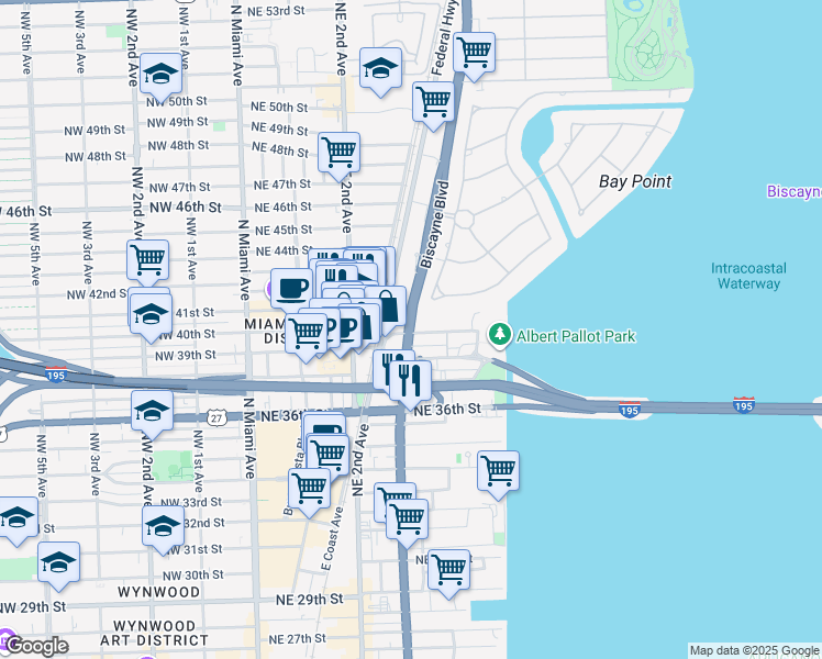 map of restaurants, bars, coffee shops, grocery stores, and more near 440 Northeast 39th Street in Miami
