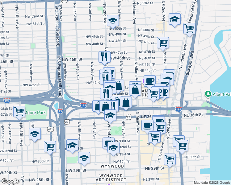 map of restaurants, bars, coffee shops, grocery stores, and more near 181 Northwest 40th Street in Miami