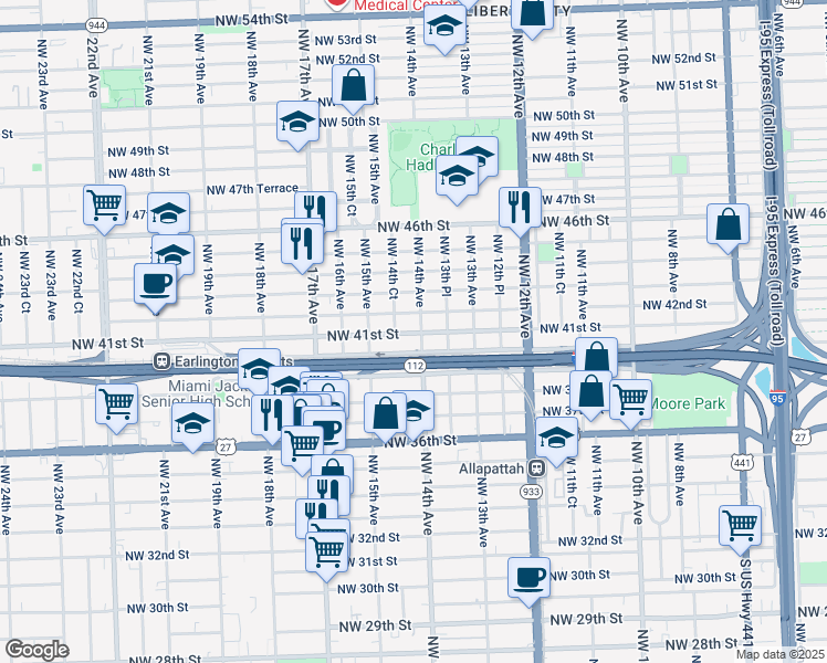 map of restaurants, bars, coffee shops, grocery stores, and more near 4100 Northwest 14th Avenue in Miami