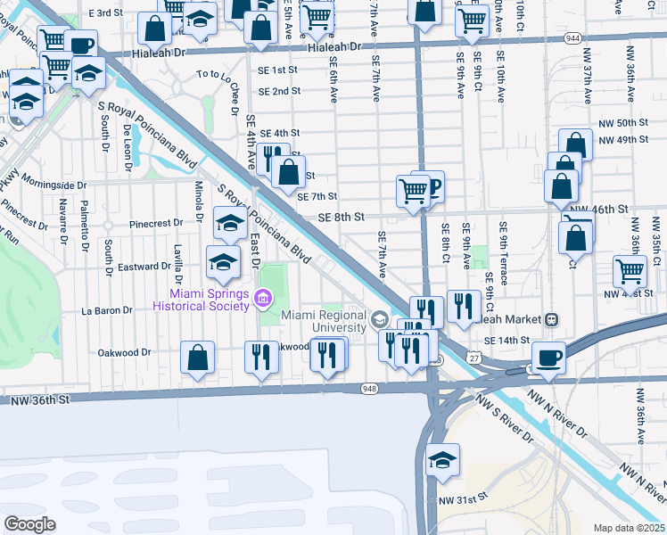 map of restaurants, bars, coffee shops, grocery stores, and more near 501 South Royal Poinciana Boulevard in Miami Springs