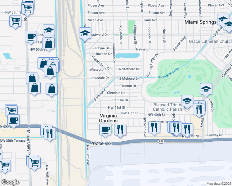 map of restaurants, bars, coffee shops, grocery stores, and more near 180 Glendale Drive in Miami Springs
