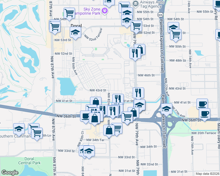 map of restaurants, bars, coffee shops, grocery stores, and more near 8219 Northwest 43rd Terrace in Doral
