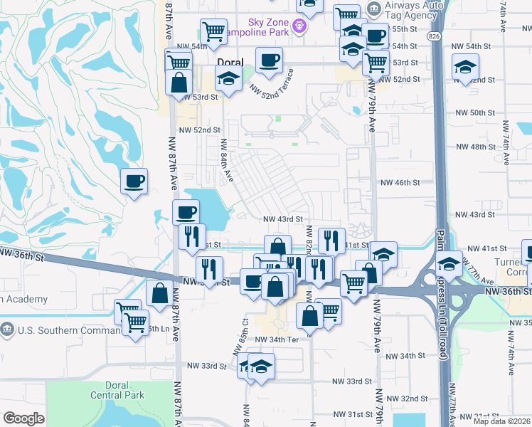 map of restaurants, bars, coffee shops, grocery stores, and more near 8381 Northwest 43rd Street in Doral