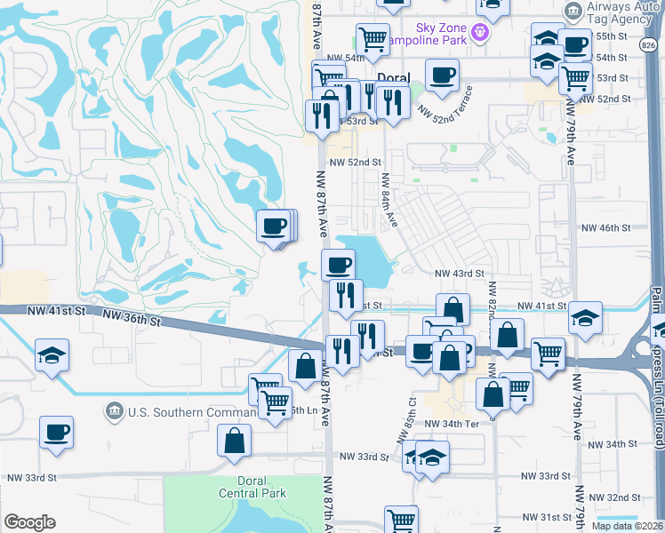 map of restaurants, bars, coffee shops, grocery stores, and more near 8475 Northwest 41st Street in Doral
