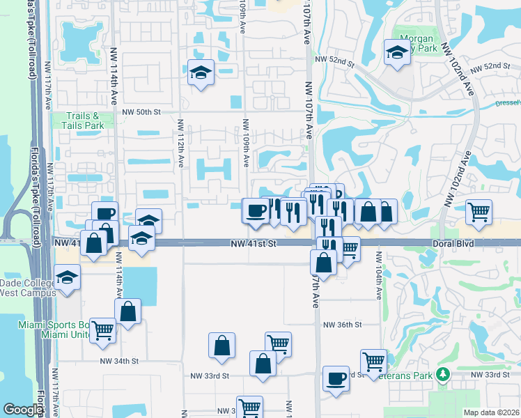 map of restaurants, bars, coffee shops, grocery stores, and more near 158 Northwest 107th Avenue in Doral