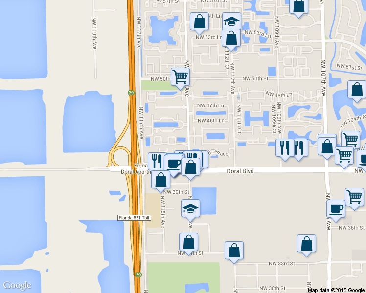 map of restaurants, bars, coffee shops, grocery stores, and more near 11404 Northwest 43rd Terrace in Doral