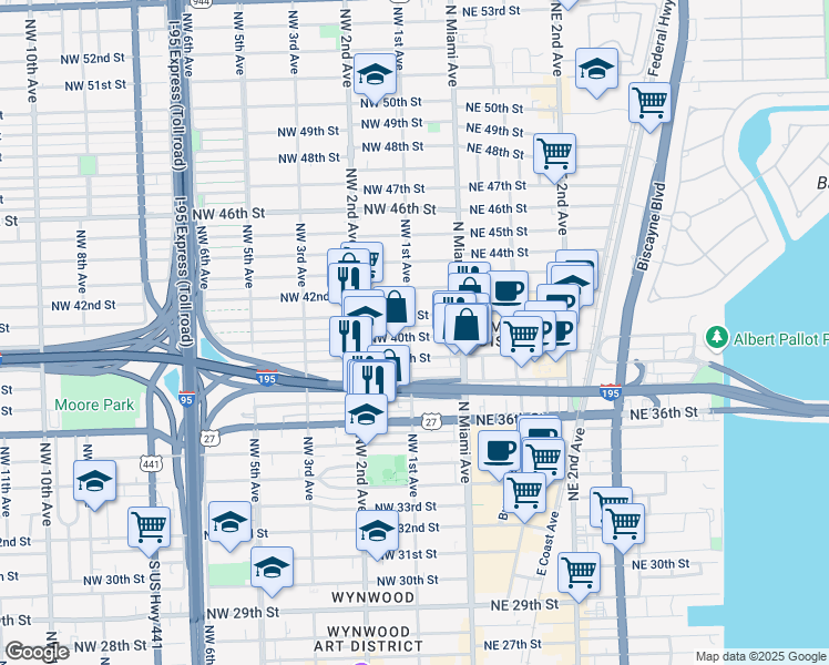 map of restaurants, bars, coffee shops, grocery stores, and more near 97 Northwest 40th Street in Miami